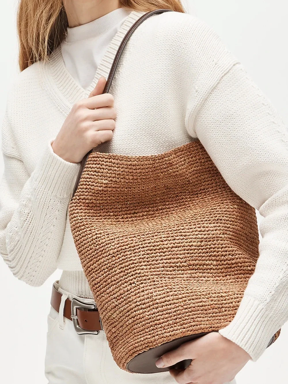 J. Crew Berkeley handknotted bucket bag in raffia - English Saddle Natural